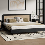 NNEED Bed Frame King Size Real Rattan Headboard Black