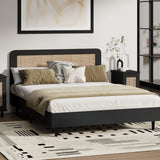 NNEED Bed Frame Queen Size Real Rattan Headboard Black