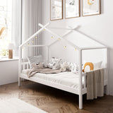 NNEED Bed Frame Wooden Kids Single Timber House Beds White