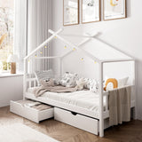 NNEED Bed Frame Wooden Single House Frame with Drawers White