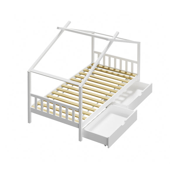 NNEED Bed Frame Wooden Single House Frame with Drawers White