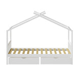 NNEED Bed Frame Wooden Single House Frame with Drawers White
