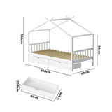 NNEED Bed Frame Wooden Single House Frame with Drawers White