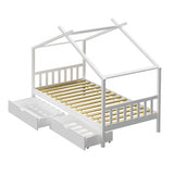 NNEED Bed Frame Wooden Single House Frame with Drawers White