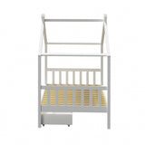 NNEED Bed Frame Wooden Single House Frame with Drawers White