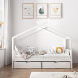 NNEED Bed Frame Wooden Single House Frame with Drawers White