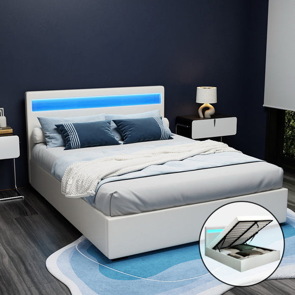 NNEDSZ Artiss Bed Frame Queen Size LED Gas Lift White COLE