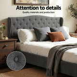 Artiss King Bed Frame with Wingback Headboard Grey Linen Upholstered Platform Bed Base