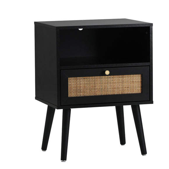 NNEED Bedside Table Storage Drawer Shelf Rattan Black