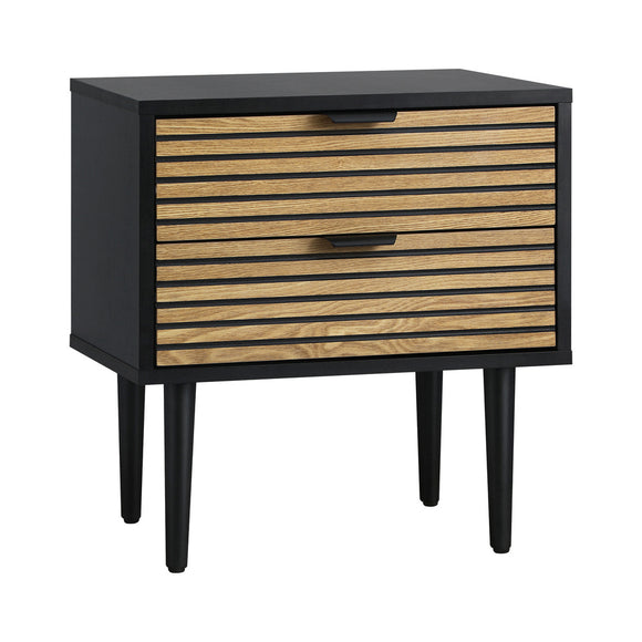 NNEED Bedside Table 2 Drawers Metal Handle Black&Wooden