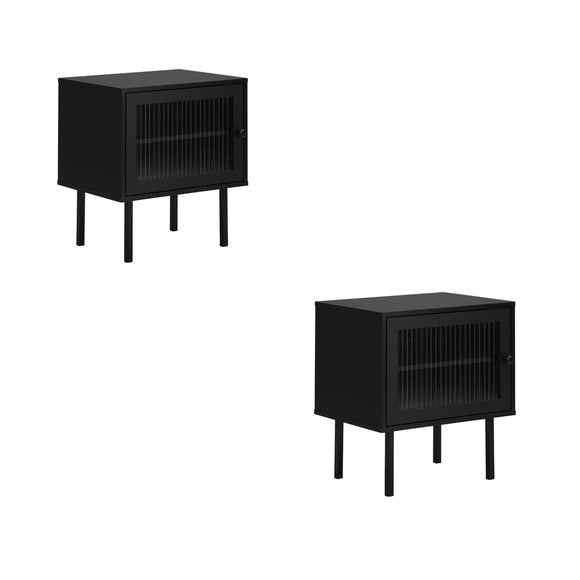 NNEED 2X Bedside Tables Storage Cabinet Glass Door Black