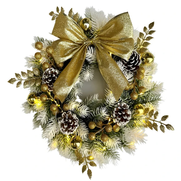NNEOBA Golden Christmas Wreath with Pine Cones and Bow