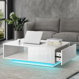 NNEED Coffee Table LED High Gloss Storage Drawer White