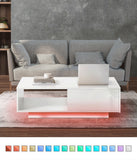 NNEED Coffee Table LED High Gloss Storage Drawer White