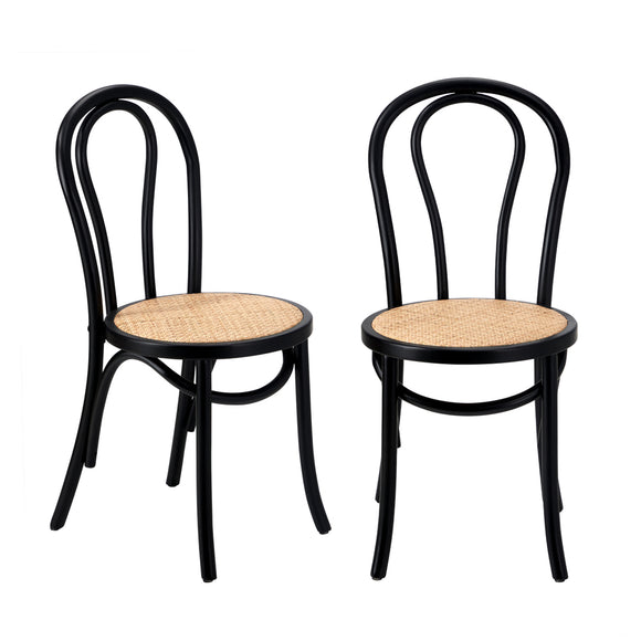 NNEED 2PCS Dining Chair Solid Wooden Ratan Seat Black