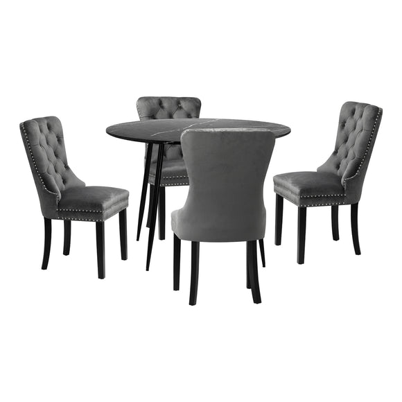 NNEED 110cm Round Dining Table with 4 Dining Chairs Velvet Grey