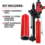NNEMB 2000W 160mm Handheld Core Drill w/Stand,63mm & 127mm Drill Bit Combo, for Concrete Coring Hole Drilling