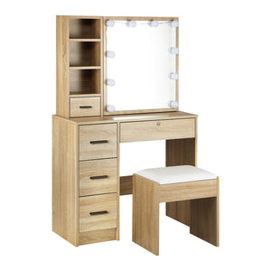 NNEED Dressing Table Stool Set with 10 Bulbs Mirror Wooden