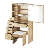 NNEED Dressing Table Stool Set with 10 Bulbs Mirror Wooden