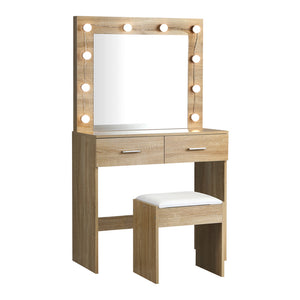 NNEED Dressing Table Stool Set Makeup Mirror 10 LED Bulbs Wooden