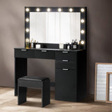 NNEED Dressing Table Stool Set Large Mirror 12 Bulbs Black