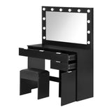 NNEED Dressing Table Stool Set Large Mirror 12 Bulbs Black