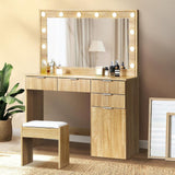 NNEED Dressing Table Stool Set Large Mirror 12 Bulbs Oak