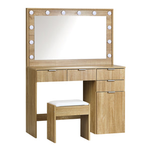 NNEED Dressing Table Stool Set Large Mirror 12 Bulbs Oak