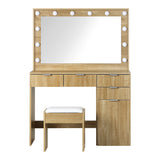 NNEED Dressing Table Stool Set Large Mirror 12 Bulbs Oak