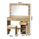 NNEED Dressing Table Stool Set Large Mirror 12 Bulbs Oak