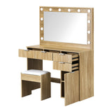 NNEED Dressing Table Stool Set Large Mirror 12 Bulbs Oak
