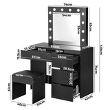 NNEED Dressing Table Stool Set with 12 Bulbs Mirror Black