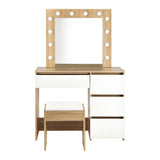 NNEED Dressing Table Stool Set 12 LED Bulbs Mirror Wooden&White
