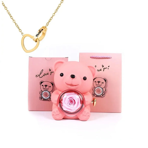 NNEOBA Eternal Rose Teddy Bear Gift Box with Necklace (Pink Gold)