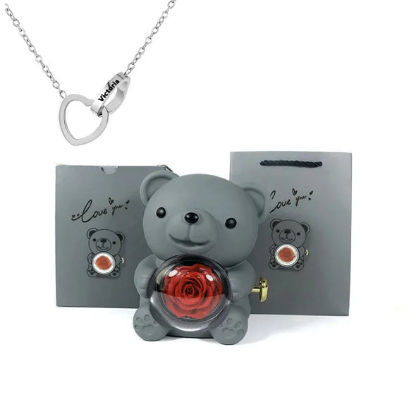 NNEOBA Eternal Rose Teddy Bear Gift Box with Necklace (Gray Silver)