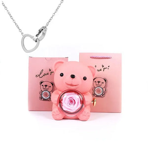 NNEOBA Eternal Rose Teddy Bear Gift Box with Necklace (Pink Silver)