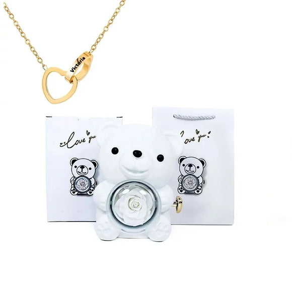 NNEOBA Eternal Rose Teddy Bear Gift Box with Necklace (White Gold)