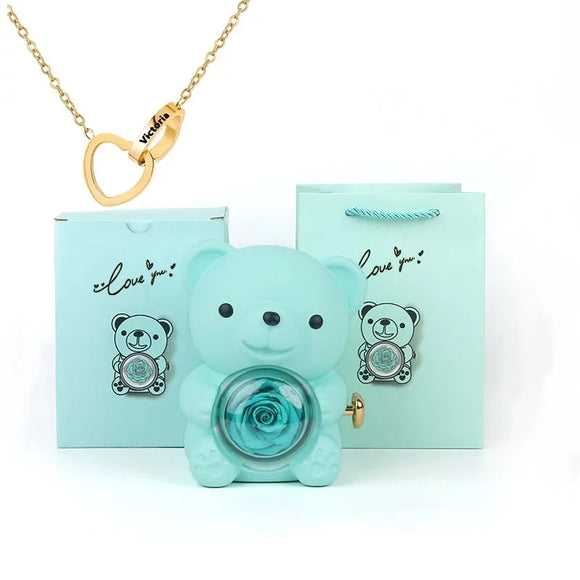 NNEOBA Eternal Rose Teddy Bear Gift Box with Necklace (Green Gold)