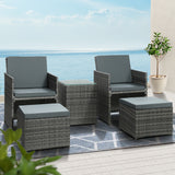 NNEDSZ Gardeon 5PC Bistro Set Wicker Table and Chairs Ottoman Outdoor Furniture Grey
