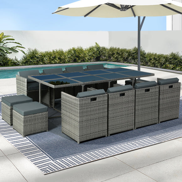 NNEDSZ Gardeon Outdoor Dining Set 13 Piece Wicker Table Chairs Setting Grey