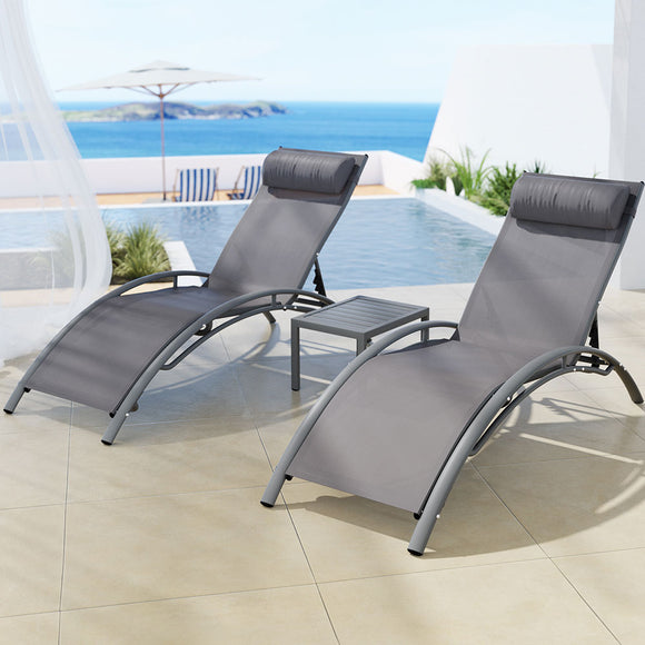 NNEDSZ Gardeon 3PC Sun Lounge Outdoor Lounger Steel Table Chairs Patio Furniture Grey