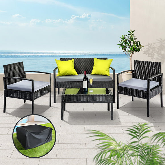 NNEDSZ Gardeon Outdoor Sofa Set Wicker Lounge Setting Table and Chairs Storage Cover
