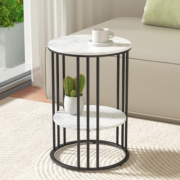 NNEDSZ Artiss Coffee Table 2-Tier Round Marble Effect