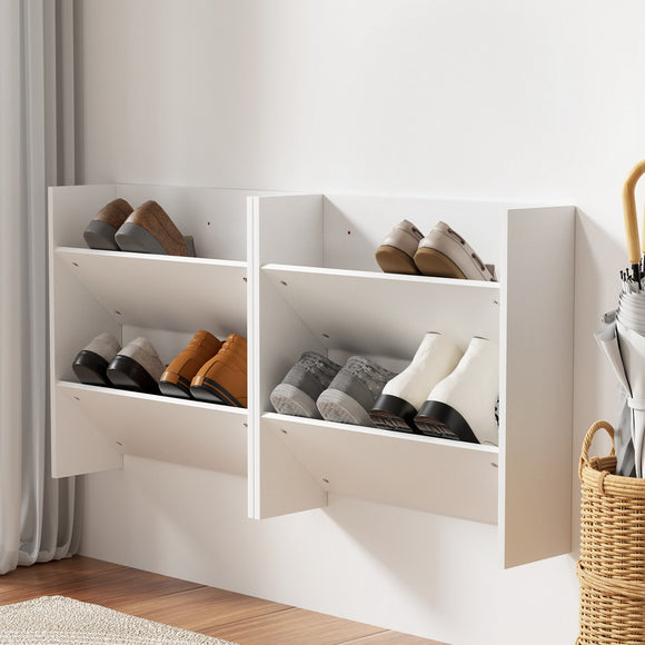 NNEDSZ Artiss Shoe Rack 2-tier 12 Pairs Wall Mounted x2 - White