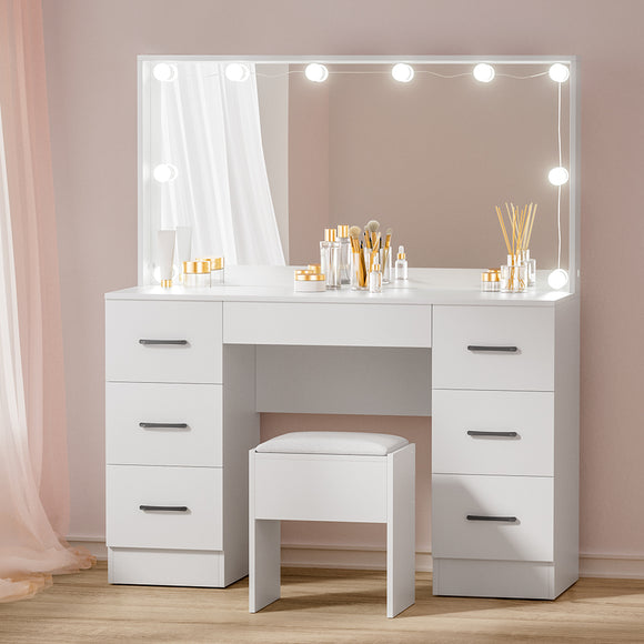 NNEDSZ Artiss Dressing Table Set Stool 10 Led Bulbs White Debbie