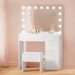 NNEDSZ Artiss Dressing Table Set Stool 15 Led Bulbs White Darcy