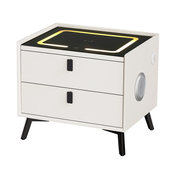 NNEDSZ Smart Bedside Table 2 Drawers with Wireless Charging Ports LED White AIKA