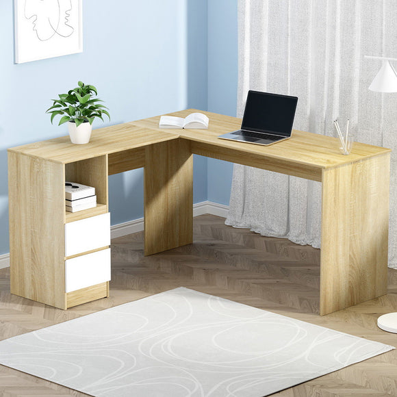 NNEDSZ Artiss Computer Desk Drawer Cabinet L-Shape Oak 136CM