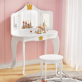 NNEDSZ Kids Dressing Table Vanity Makeup Chair Set Wooden 3 Mirror Drawer White