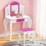 NNEDSZ Kids Dressing Table Vanity Makeup Chair Set Wooden 3 Mirror Drawer Pink